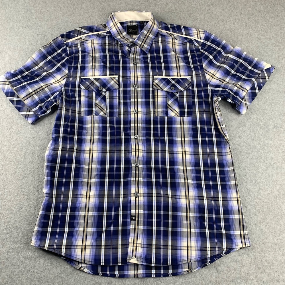 7 Diamonds Button Up Shirt Mens XL Blue Plaid Short Sleeve Casual Pockets